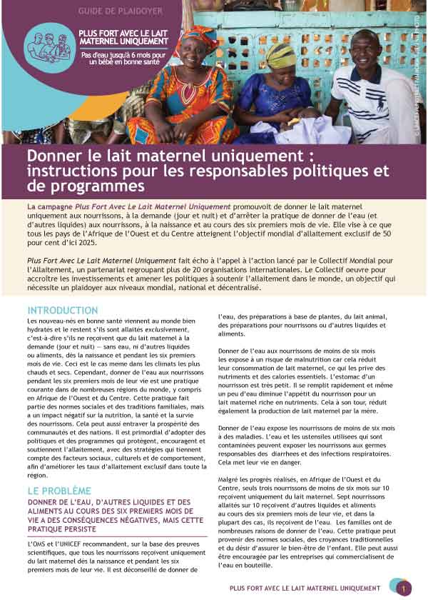 Donner le lait maternel uniquement : instructions pour les responsables politiques et de programmes